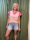 Stripe Ruffled V Neck Cap Puff Sleeve Top