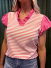 Stripe Ruffled V Neck Cap Puff Sleeve Top