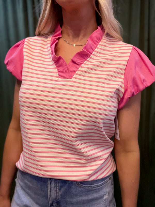 Stripe Ruffled V Neck Cap Puff Sleeve Top