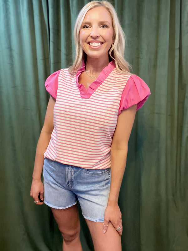 Stripe Ruffled V Neck Cap Puff Sleeve Top