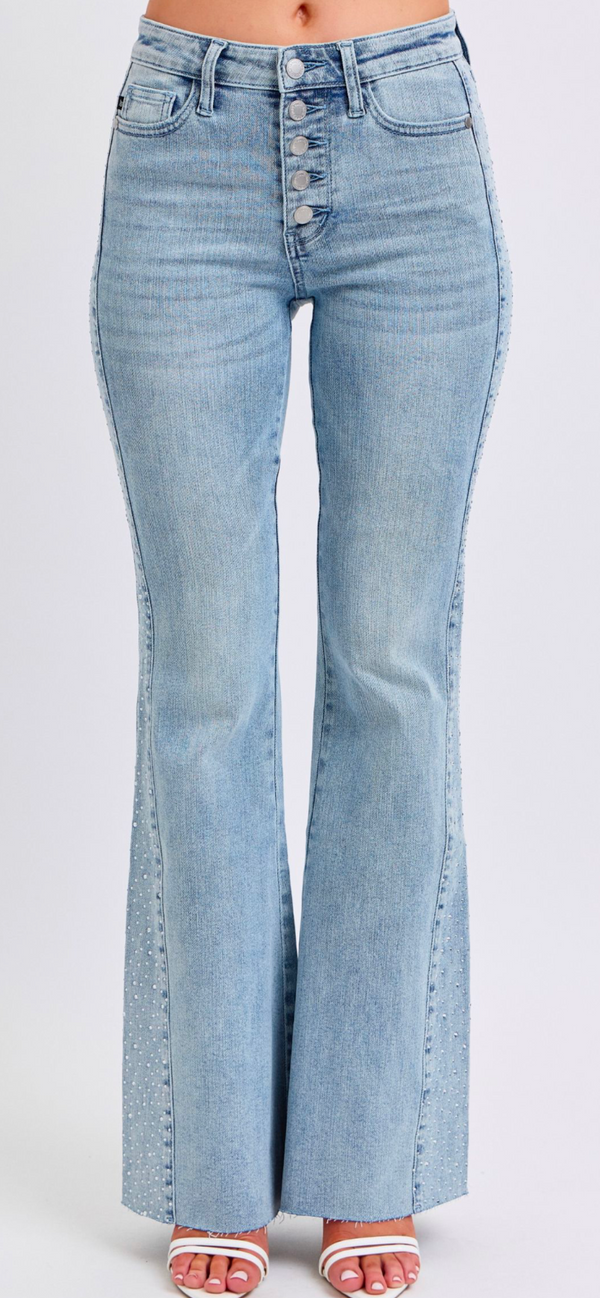 Judy Blue Light Wash Rhinestone Side Flare Jeans