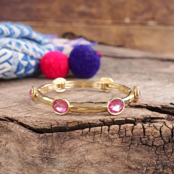 Boho Beaded Bracelet Semi Precious Glass Beads - Pink