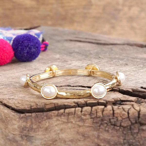 Boho Beaded Bracelet Semi Precious Glass Beads  - Pearl
