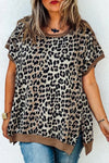 Khaki Leopard Contrast Trim Short Sleeve Loose Curvy Fit Top