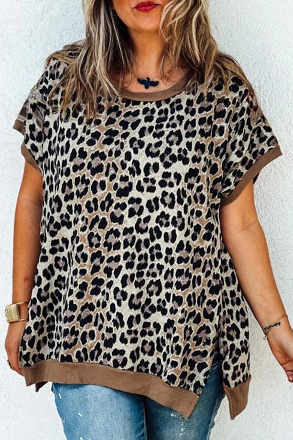 Khaki Leopard Contrast Trim Short Sleeve Loose Curvy Fit Top