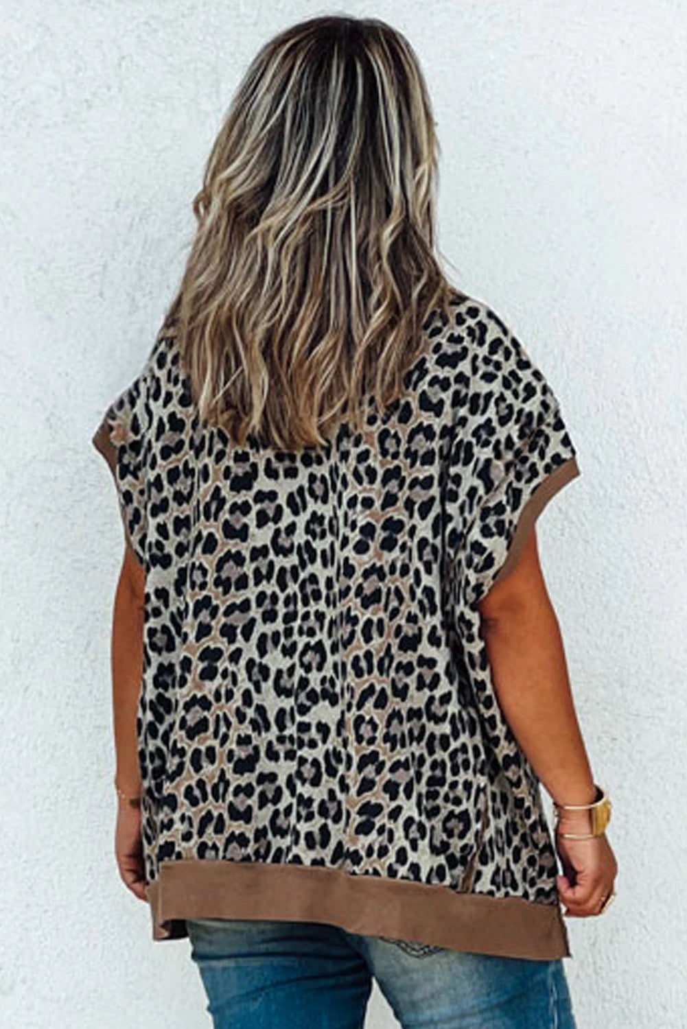 Khaki Leopard Contrast Trim Short Sleeve Loose Curvy Fit Top