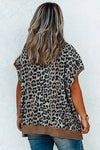 Khaki Leopard Contrast Trim Short Sleeve Loose Curvy Fit Top