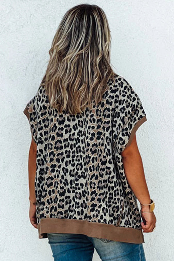 Khaki Leopard Contrast Trim Short Sleeve Loose Curvy Fit Top