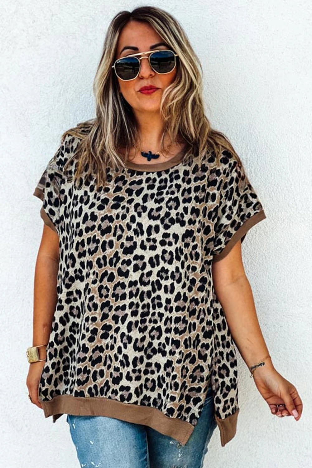 Khaki Leopard Contrast Trim Short Sleeve Loose Curvy Fit Top