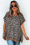 Khaki Leopard Contrast Trim Short Sleeve Loose Curvy Fit Top