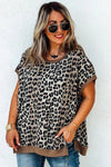 Khaki Leopard Contrast Trim Short Sleeve Loose Curvy Fit Top