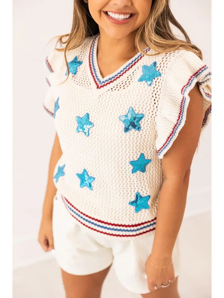 Knit Vest with Sequin Stars Patches