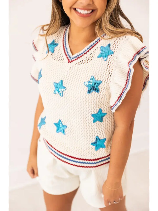 Knit Vest with Sequin Stars Patches