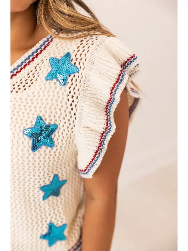 Knit Vest with Sequin Stars Patches