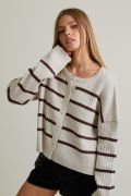 Long Sleeve Crew Neck Wide Ribbed Stripe Sweater Cardigan