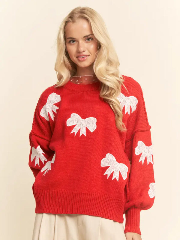 Lace Ribbon Bow Patch Detail Pullover Sweater Top