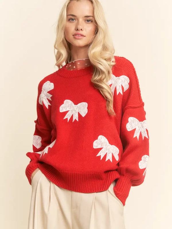 Lace Ribbon Bow Patch Detail Pullover Sweater Top