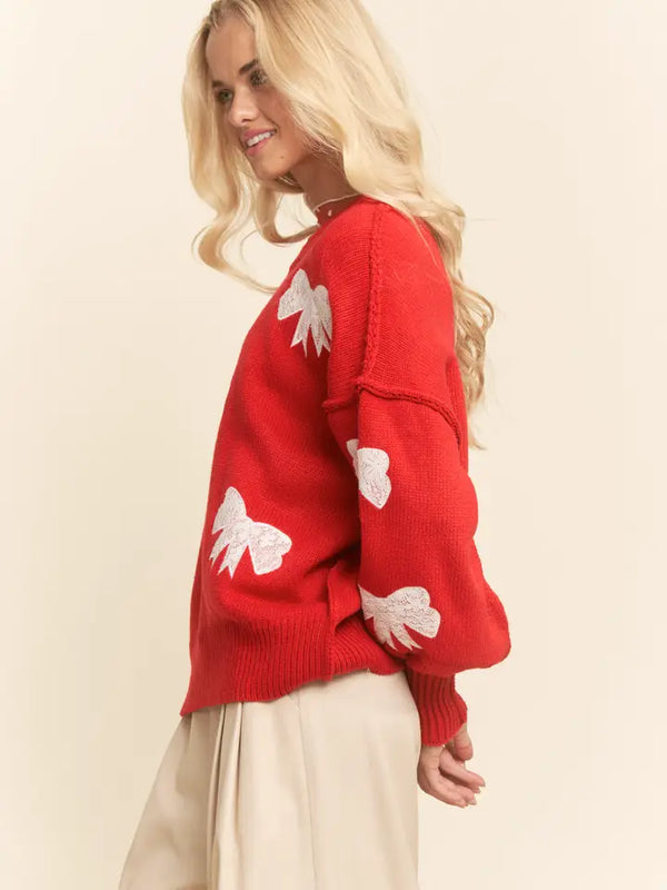 Lace Ribbon Bow Patch Detail Pullover Sweater Top