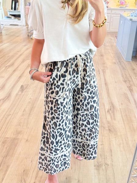Laced Cheetah Leopard Print Wide-Leg Pants