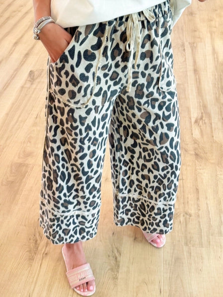 Laced Cheetah Leopard Print Wide-Leg Pants