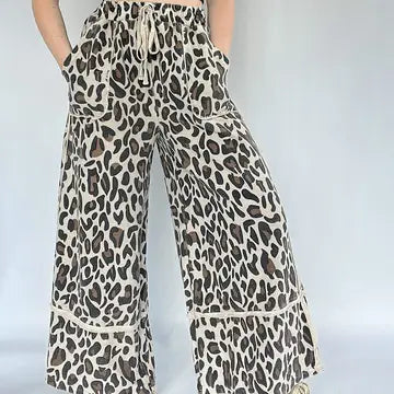 Laced Cheetah Leopard Print Wide-Leg Pants
