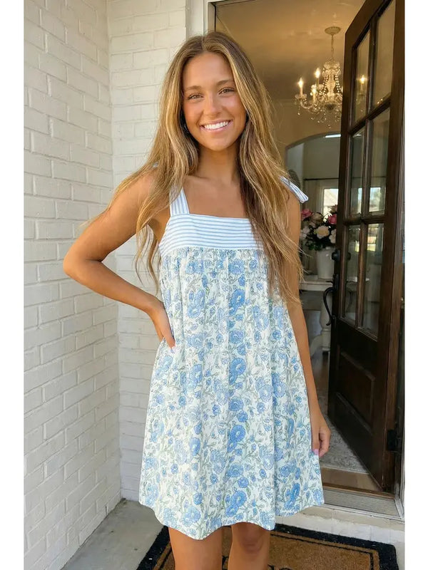 Floral Stripe Patchwork Bow Knot Strap Mini Dress