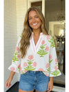 Wildflower Print V Neck Sleeve Blouse