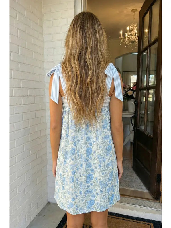 Floral Stripe Patchwork Bow Knot Strap Mini Dress