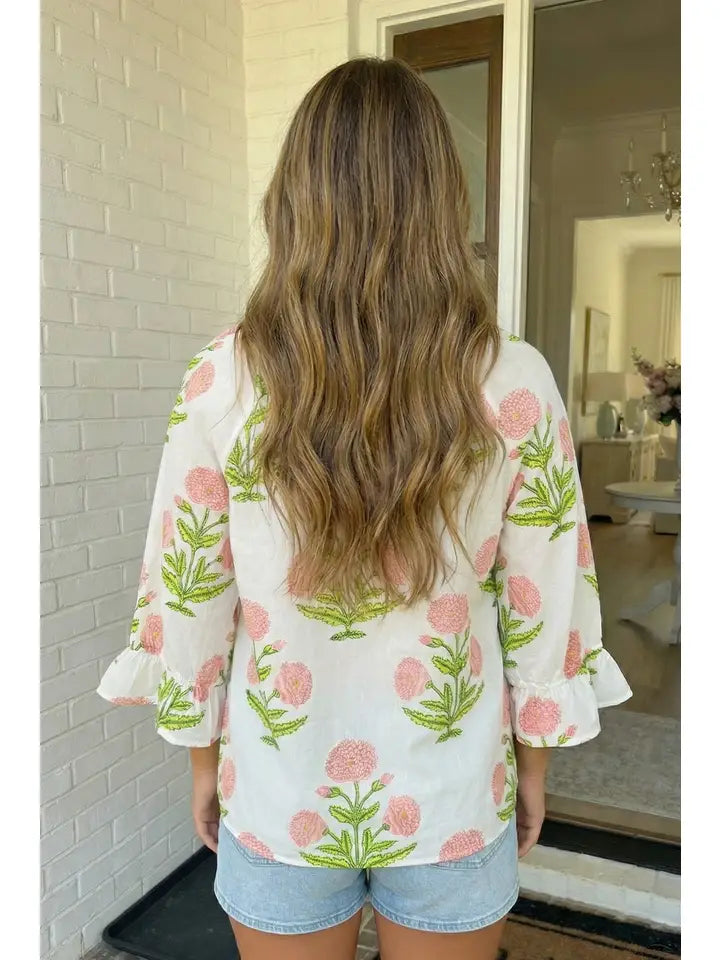 Wildflower Print V Neck Sleeve Blouse