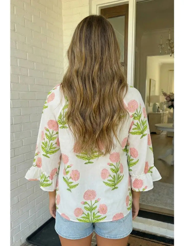 Wildflower Print V Neck Sleeve Blouse