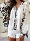 Leopard Contrast Mixed Texture Patchwork Zip Up Hoodie