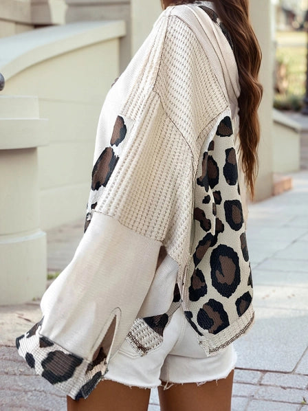 Leopard Contrast Mixed Texture Patchwork Zip Up Hoodie