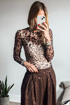 Brown Allover Leopard Round Neck Long Sleeve Slim Mesh Top