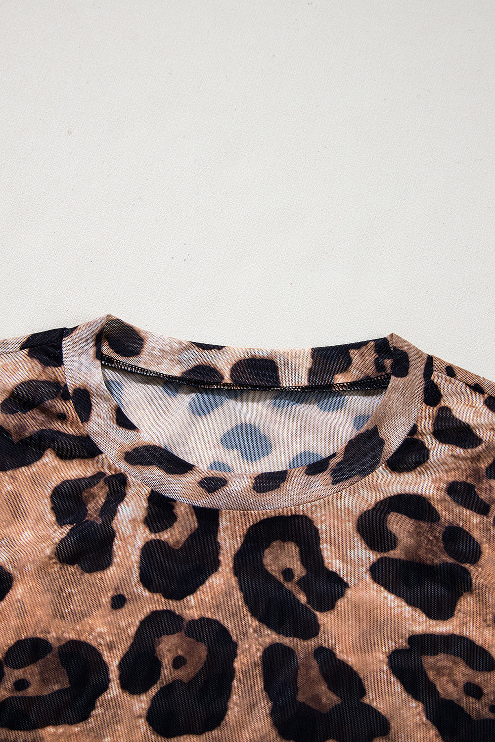 Brown Allover Leopard Round Neck Long Sleeve Slim Mesh Top