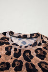 Brown Allover Leopard Round Neck Long Sleeve Slim Mesh Top