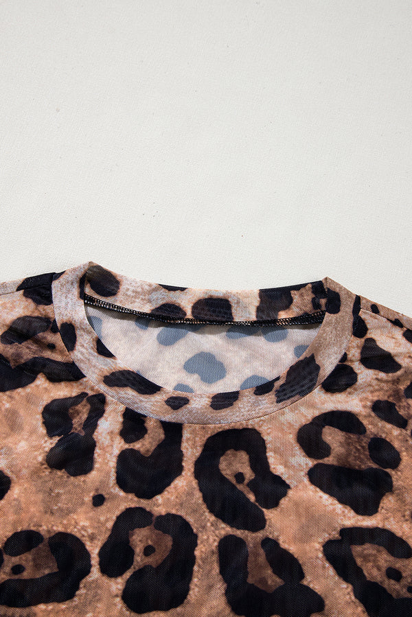Brown Allover Leopard Round Neck Long Sleeve Slim Mesh Top