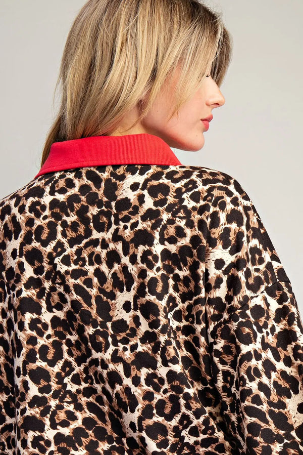 Leopard Contrast V-Neck Long Sleeve Top