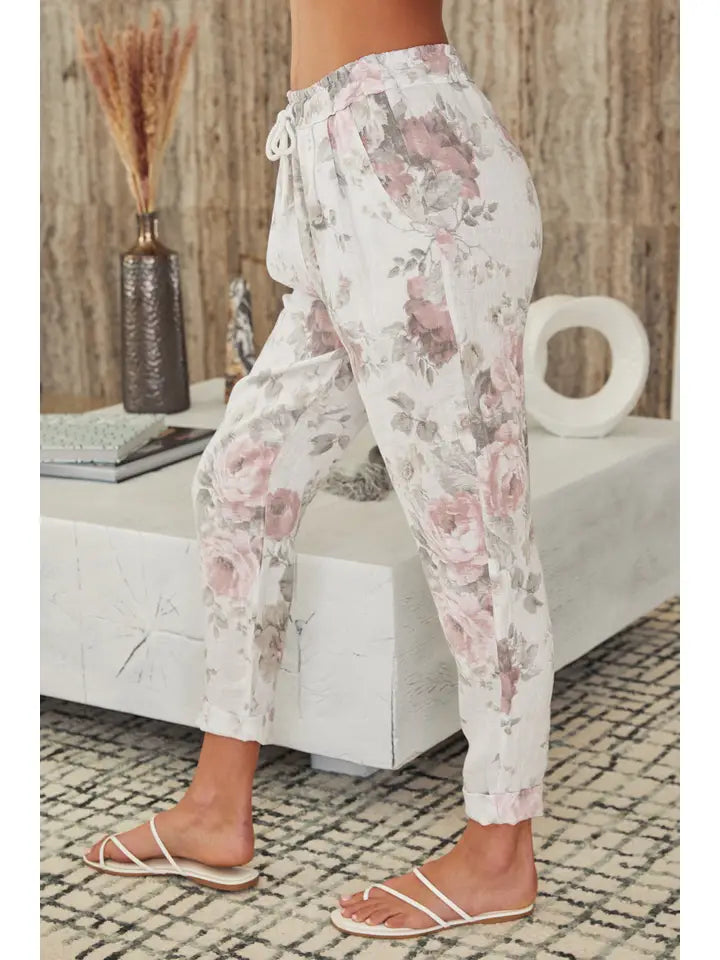 Linen Floral Print Pants