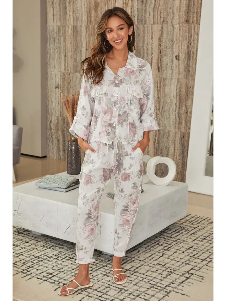 Linen Floral Print Pants
