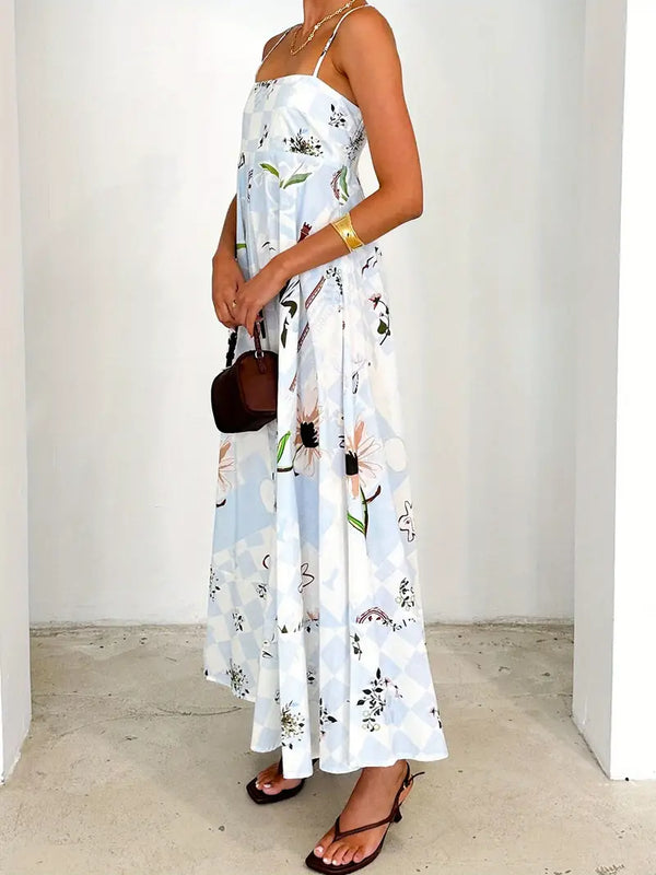 Vintage Long Sleeveless Floral Cami Dress Blue