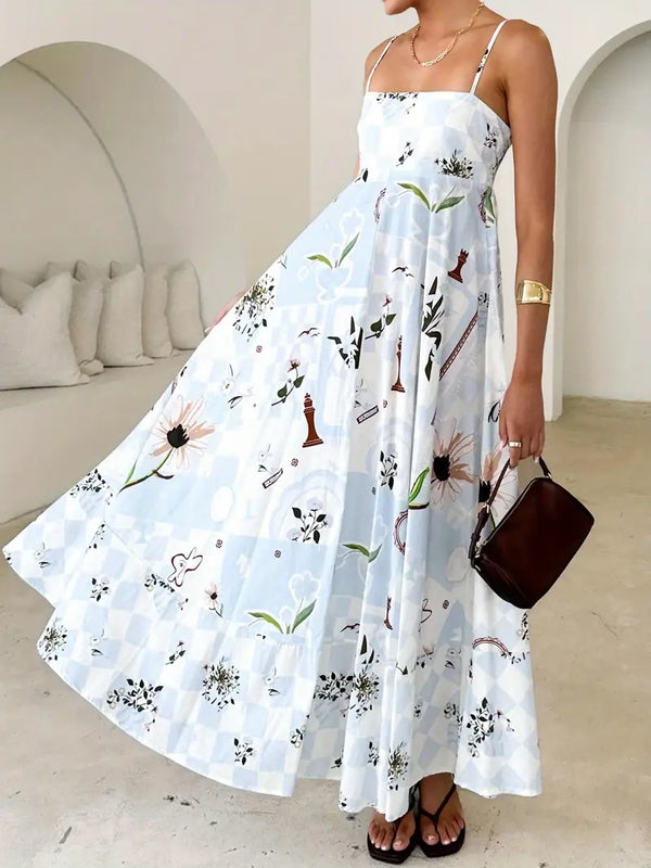Vintage Long Sleeveless Floral Cami Dress Blue