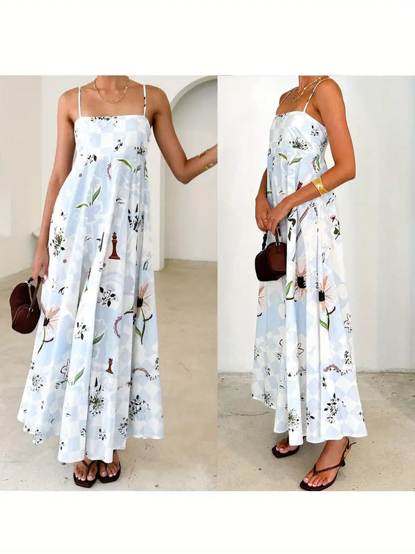Vintage Long Sleeveless Floral Cami Dress Blue