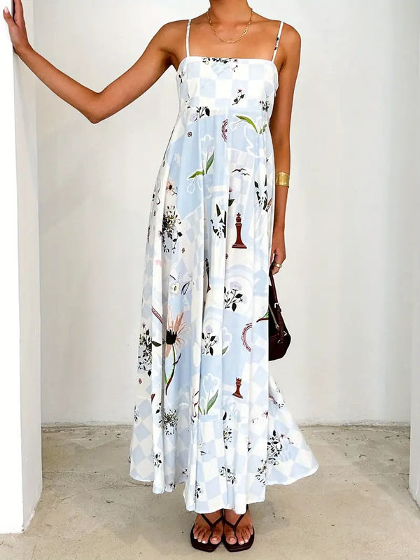 Vintage Long Sleeveless Floral Cami Dress Blue