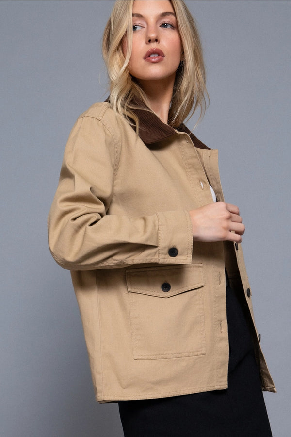 Long Sleeve Corduroy Collar Detail Cotton Twill Work Jacket