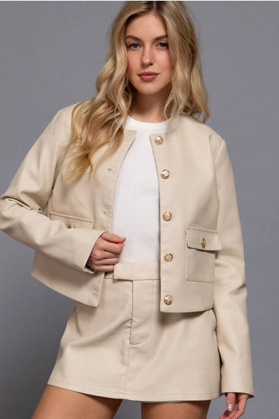 Long Sleeve Crew Neck Button Down Faux Leather Jacket
