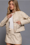 Long Sleeve Crew Neck Button Down Faux Leather Jacket