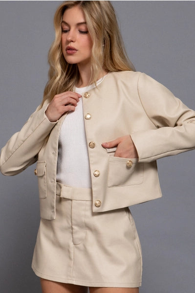 Long Sleeve Crew Neck Button Down Faux Leather Jacket