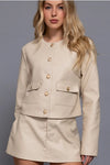 Long Sleeve Crew Neck Button Down Faux Leather Jacket