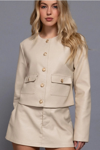 Long Sleeve Crew Neck Button Down Faux Leather Jacket