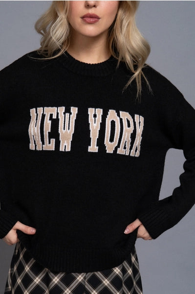 Long Sleeve Crew Neck "New York" Lettering Sweater Top